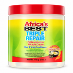 A jar of Africa's Best Triple Repair Hair & Scalp Conditioner with a red lid and a yellow-to-green label, shown on a plain white background.