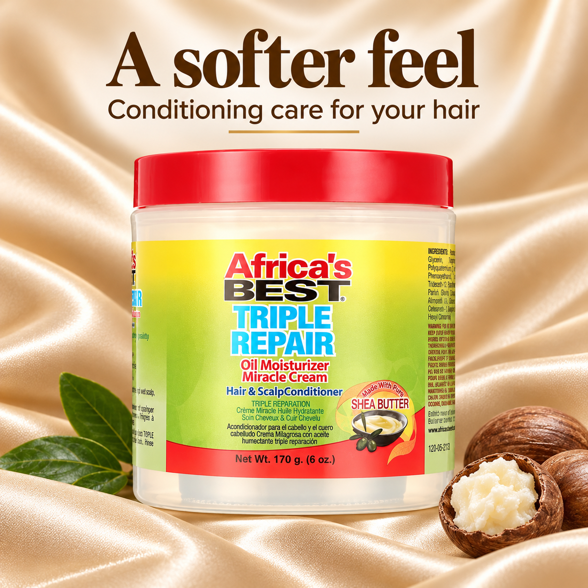 A jar of Africa's Best Triple Repair Oil Moisturizer Miracle Cream hair and scalp conditioner, shown on a golden satin background with shea nuts and leaves. Text at the top reads 'A softer feel Conditioning care for your hair'.