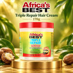 A jar of Africa's Best Triple Repair Hair Cream sits on a gold pedestal, surrounded by coconut halves, green leaves, and a golden background. The product has a red lid and a yellow-to-green label with red and black text.
