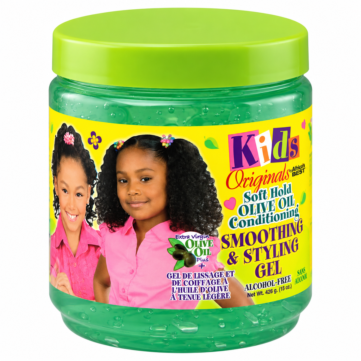 A jar of Kids Originals Soft Hold Olive Oil Conditioning Smoothing & Styling Gel, featuring a bright green lid and a colorful label with two young girls, on a white background.