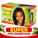 A box of Originals by Best Olive Oil Conditioning Relaxer System for coarse hair, shown in a clean studio-style packshot with a smiling woman pictured on the front and side panels. Large promotional text at the bottom reads 'SUPER FOR COARSE HAIR' with olives and green leaves around the box.