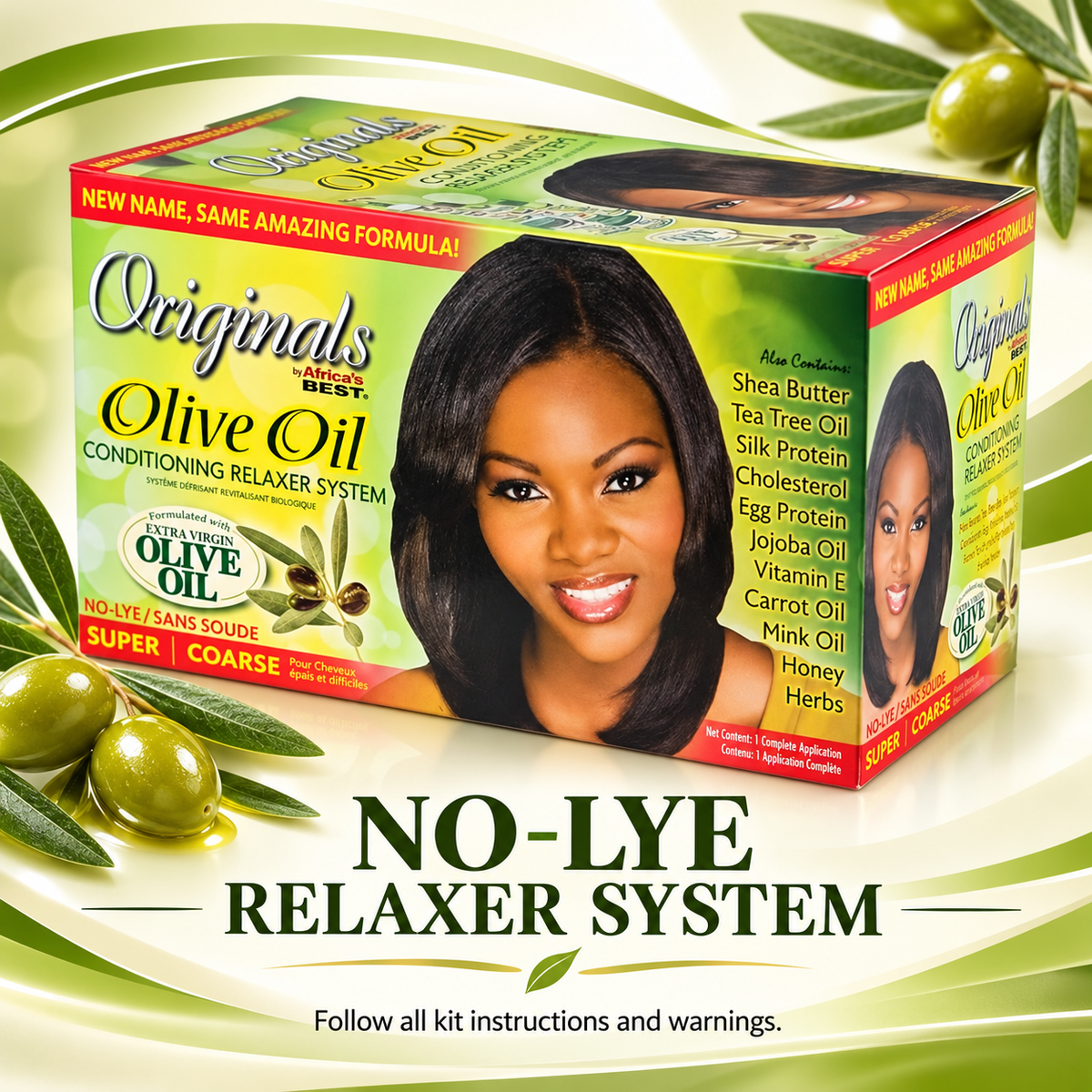 A boxed hair relaxer system labeled 'Originals No. 1 Best Olive Oil Conditioning Relaxer System' shown on a green and white promotional background with olive branches and a model photo on the box.