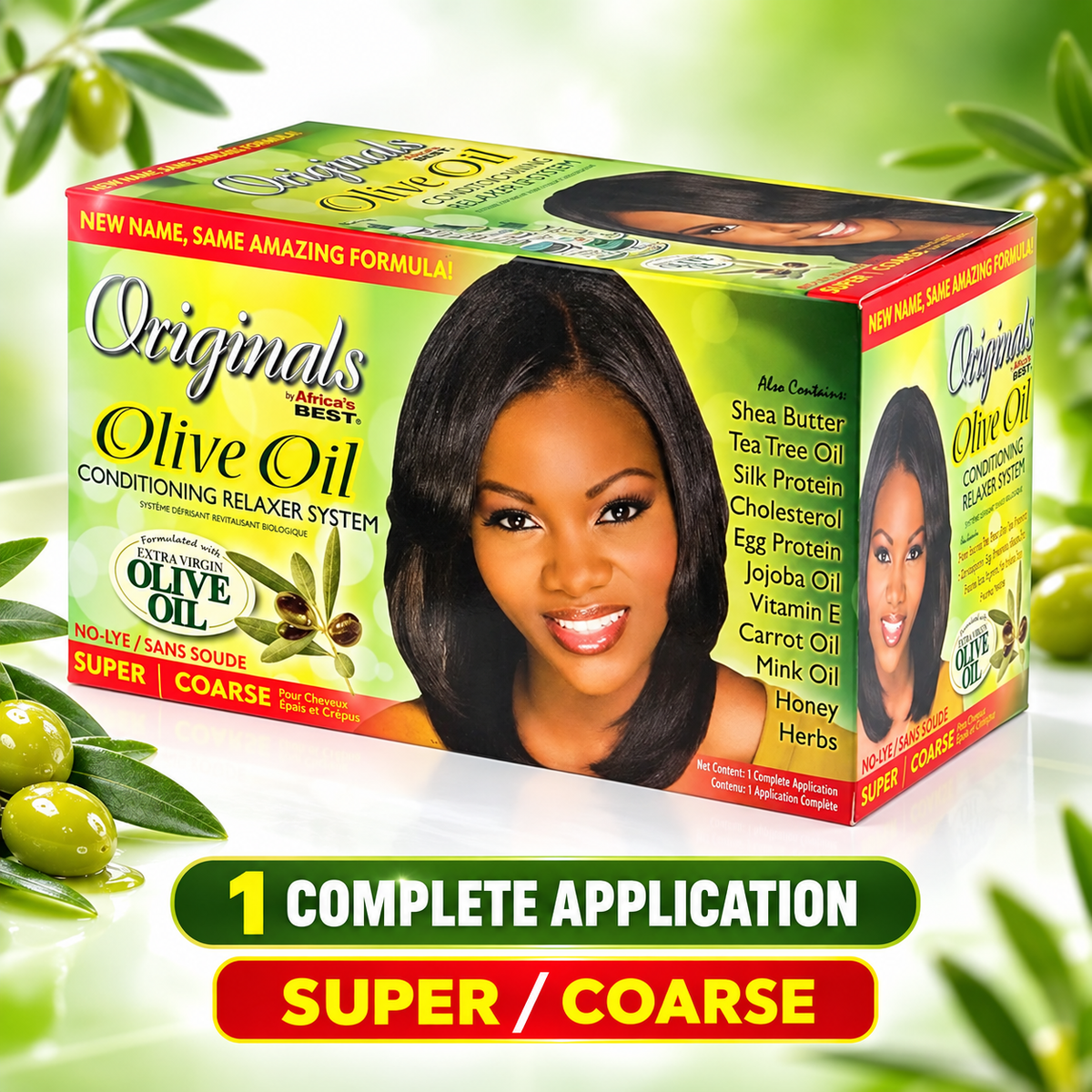 A box of Originals by Best Olive Oil Conditioning Relaxer System, Super Coarse, shown in a green and yellow packaging with a model's hair on the front. The box is surrounded by decorative green leaves and olives on a light green background, with a banner at the bottom reading '1 COMPLETE APPLICATION SUPER / COARSE'.