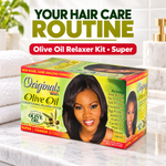 Olive Oil Relaxer Kit box by Originals Best, styled on a marble countertop with a bathroom background. Large promotional text at the top reads 'YOUR HAIR CARE ROUTINE' and 'Olive Oil Relaxer Kit - Super'.
