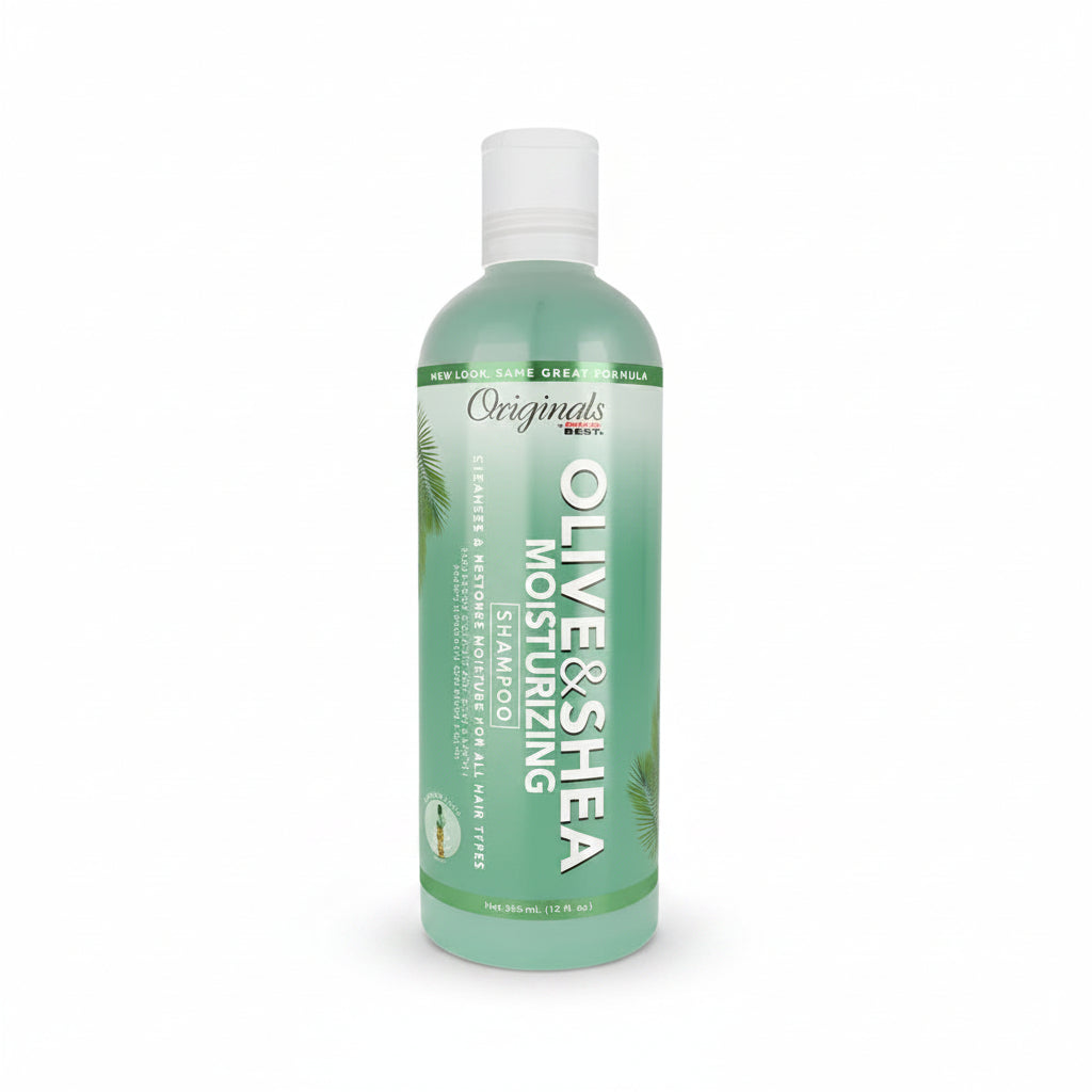 Bottle of Olive & Shea Moisturizing Shampoo on a white background