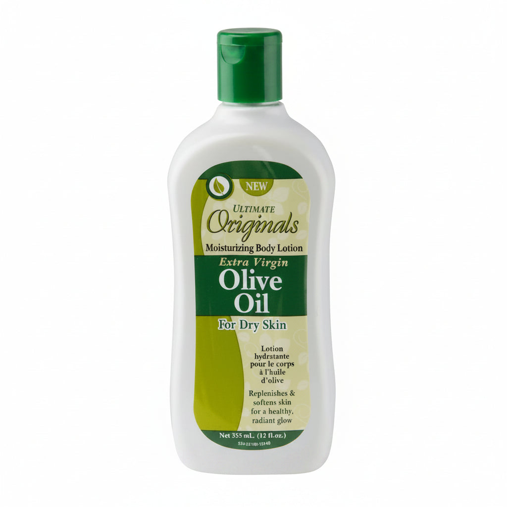 Bottle of olive oil body lotion with green and white label on a white background