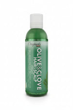 Green bottle of Olive & Clove hair and scalp product on a white background