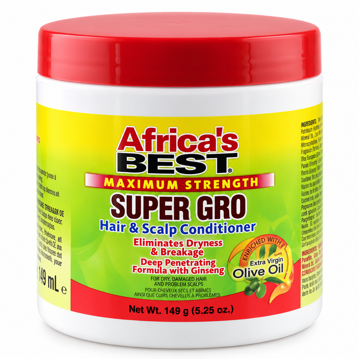 A white plastic jar of Africa's Best Super Gro Hair & Scalp Conditioner with a red lid and a yellow-to-green label, isolated on a white background.