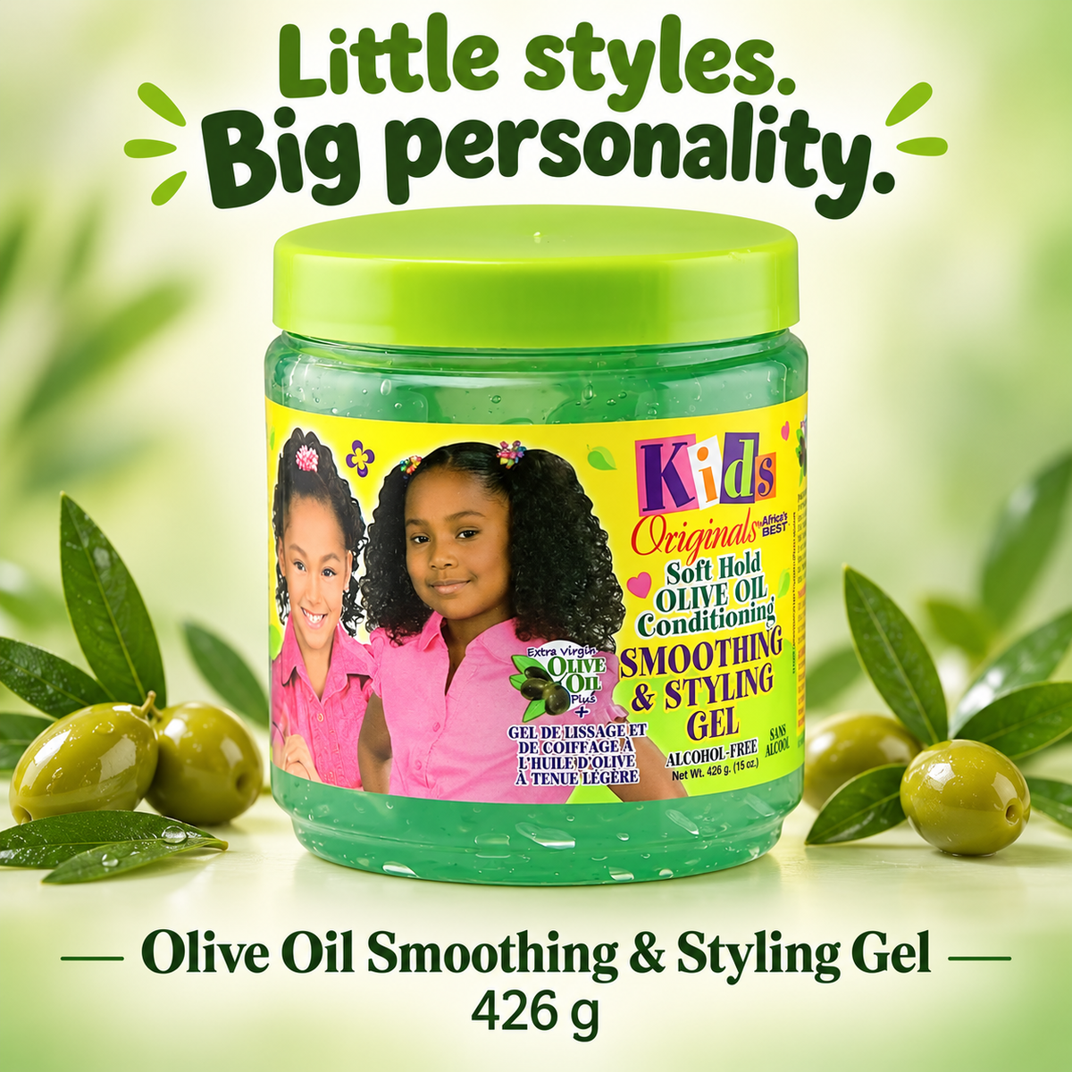 A jar of Kids Originals Soft Hold Olive Oil Conditioning SMOOTHING & STYLING GEL, featuring a bright green lid and a yellow label with pictures of two young girls. The jar is surrounded by green olives and leaves on a light green background with the text 'Little styles.