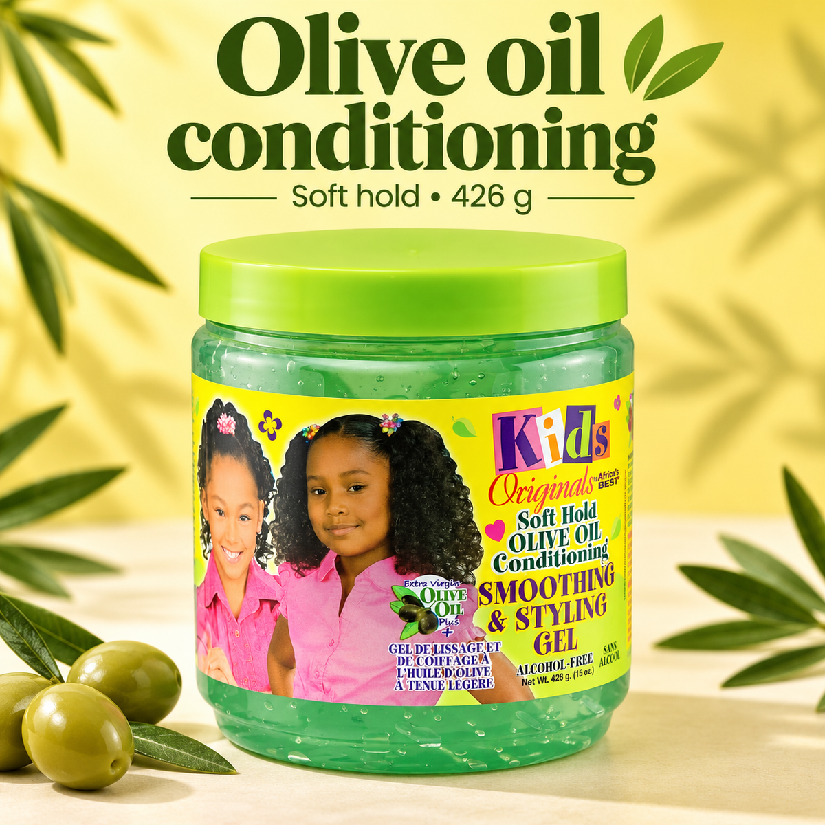 A jar of Kids Original Olive Oil Conditioning Smoothing & Styling Gel, featuring a bright green lid and a colorful label with children, set against a yellow background with olive leaves and olives.