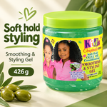 A jar of Kids Originals Soft Hold Olive Oil Conditioning Smoothing & Styling Gel, 426 g, with a bright green lid and green gel inside. The jar features a colorful label with photos of two young girls with styled hair.