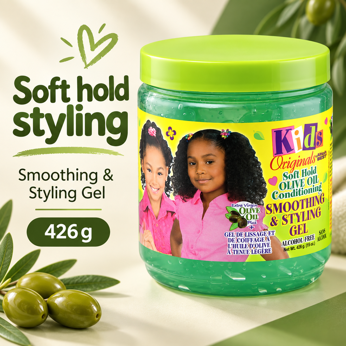 A jar of Kids Originals Soft Hold Olive Oil Conditioning Smoothing & Styling Gel, 426 g, with a bright green lid and green gel inside. The jar features a colorful label with photos of two young girls with styled hair.