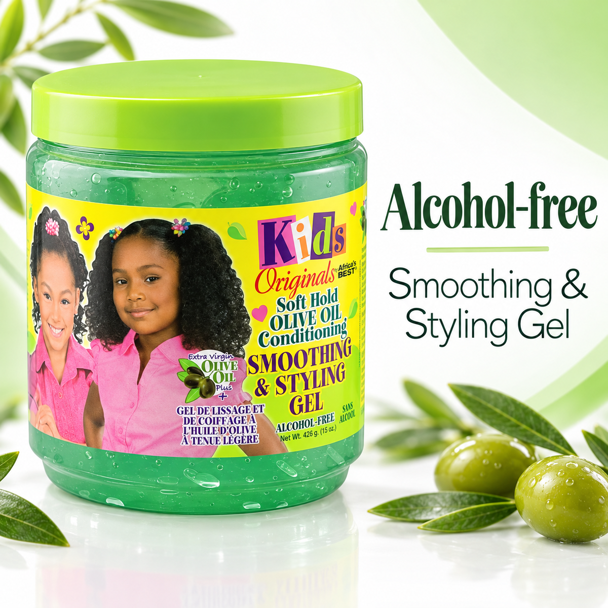 A jar of Kids Original Soft Hold Olive Oil Conditioning Smoothing & Styling Gel with a bright green lid and green gel inside, shown on a white background with olives, leaves, and text reading 'Alcohol-free Smoothing & Styling Gel'.