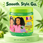 A jar of Kids Originals Soft Hold Olive Oil Conditioning Smoothing & Styling Gel, featuring a bright green lid and a colorful label with children, displayed on a light green pedestal with olives and the text 'Smooth. Style.