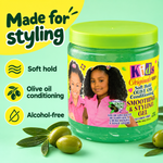 A jar of kids' soft hold olive oil conditioning smoothing & styling gel with a bright green lid and yellow label, shown on a mint green background with olives and marketing text.