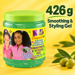 A jar of Kids Originals Soft Hold Olive Oil Conditioning Smoothing & Styling Gel with a bright green lid and yellow label, shown on a yellow background with olives and text reading '426 g Smoothing & Styling Gel'.