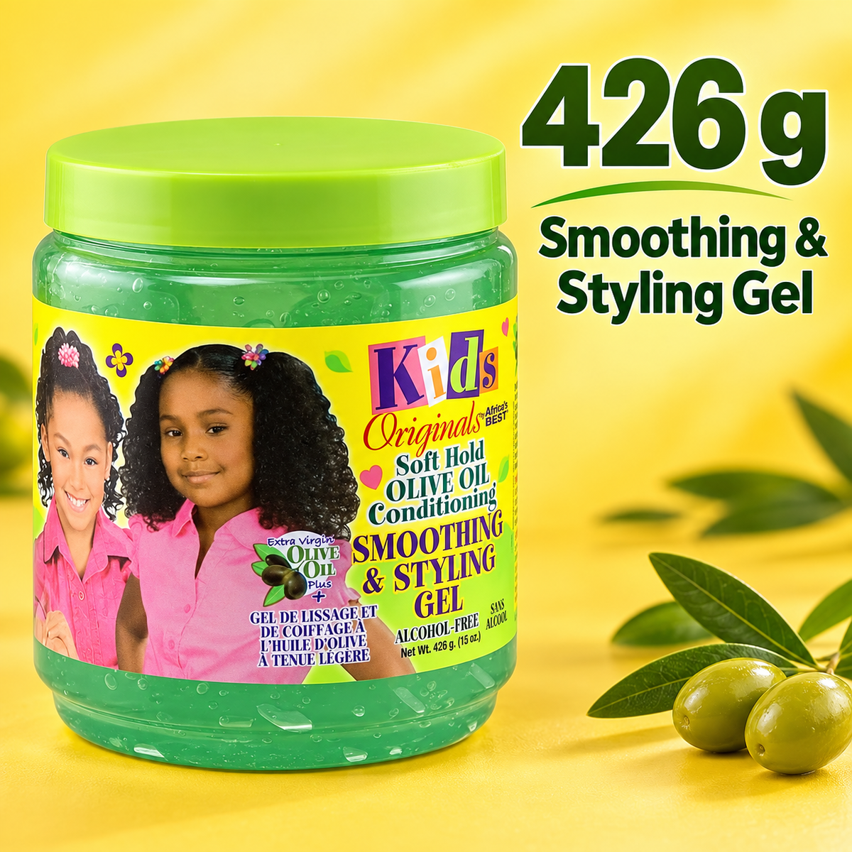 A jar of Kids Originals Soft Hold Olive Oil Conditioning Smoothing & Styling Gel with a bright green lid and yellow label, shown on a yellow background with olives and text reading '426 g Smoothing & Styling Gel'.
