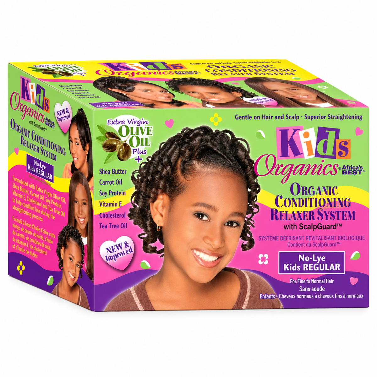A box of Kids Organics Organic Conditioning Relamer System with ScalpGuard, featuring a colorful design with a portrait of a young girl with braided hair on the front.