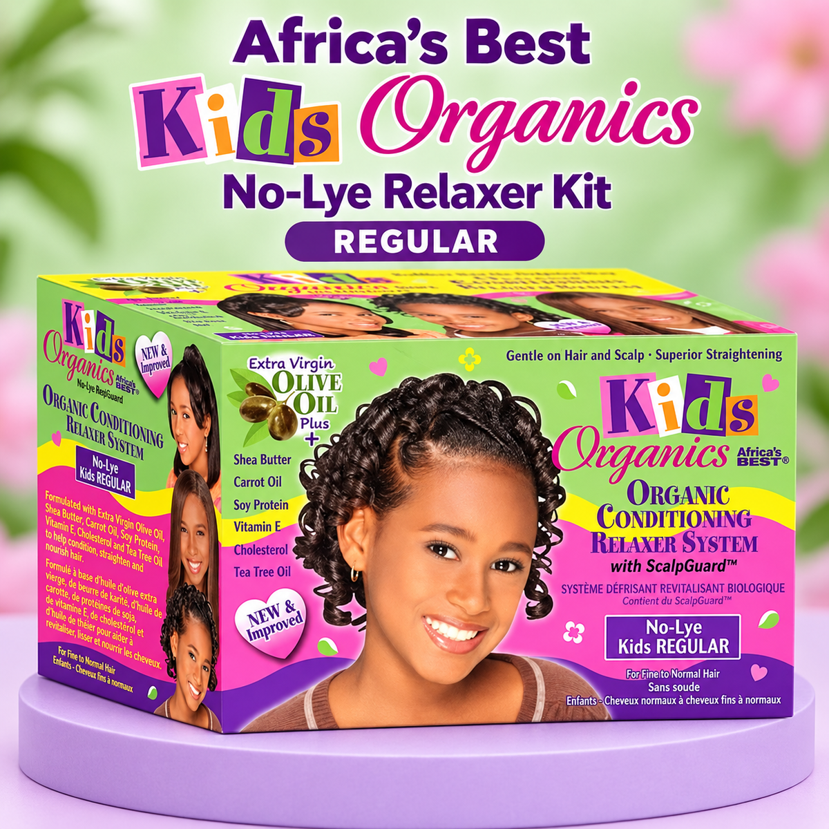 A boxed hair relaxer kit labeled 'Kids Organics No-Lye Relaxer Kit' displayed on a purple round pedestal against a soft pink and green blurred background. The box features bright pink, yellow, and green graphics, a child's smiling face, and text including 'Regular' and 'No-Lye Kids Regular.