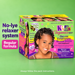 A box of K12's Organics Organic Conditioning Relaxer System with ScalpGuard, shown on a solid light green background with promotional text on the left.