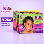 Box of Kids Organics Organic Conditioning Relaxer System with Serpina+ on a light lavender background, with promotional text reading 'Africa's Best Kids Organics' and 'REGULAR For fine to normal hair'.