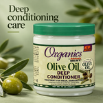 A jar of Organics by Ambre Best Deep Conditioner with olive oil, shown with green olives on a soft green background with the text 'Deep conditioning care'.