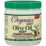 A 15 oz jar of Africa's Best Organics by Africa's Best Deep Conditioner with olive oil, featuring a green lid and a cream-colored label with green and purple text.
