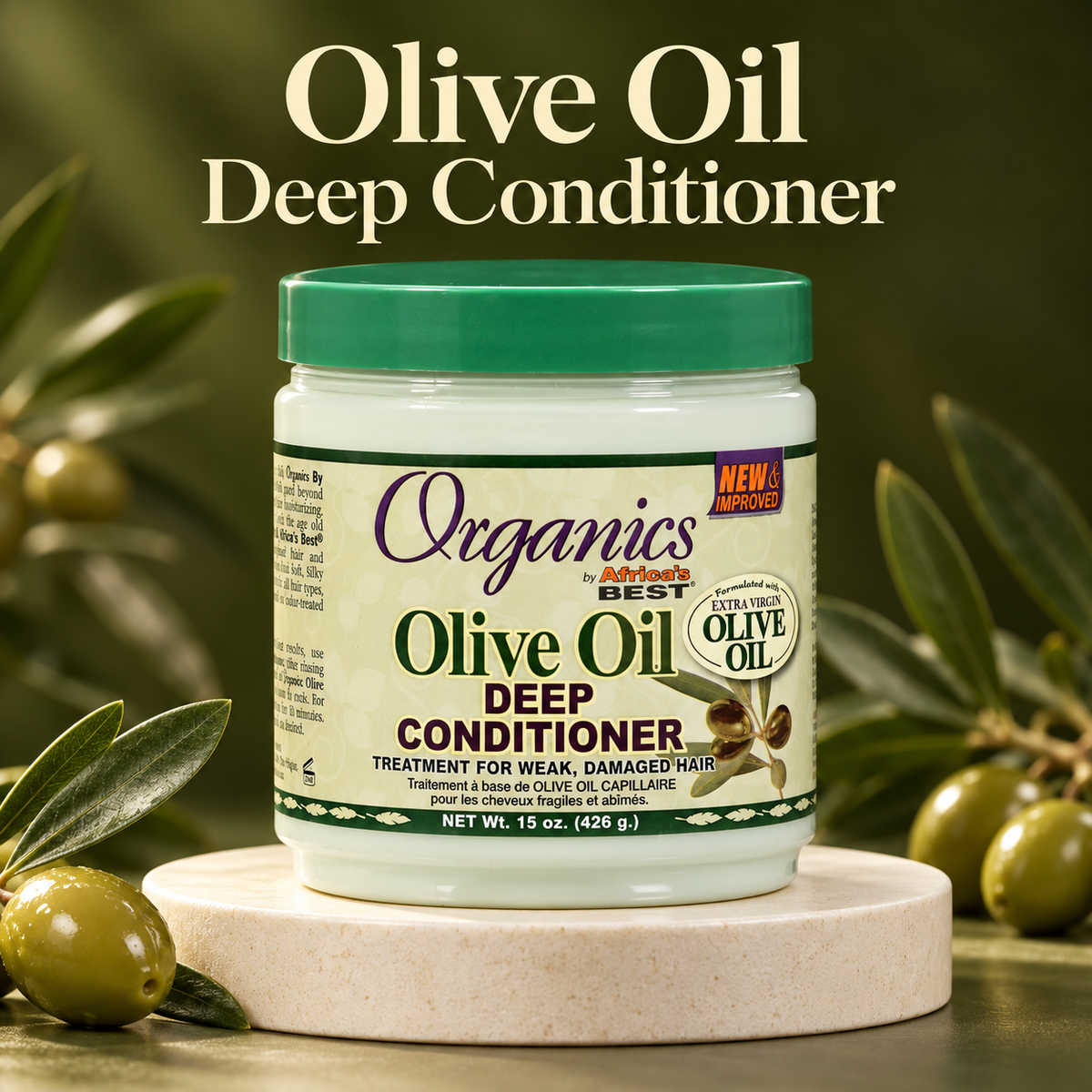 A jar of Organics Athleta Best Olive Oil Deep Conditioner sits on a light stone pedestal with olive branches and olives around it. Large text at the top reads 'Olive Oil Deep Conditioner.