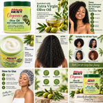 A promotional collage for Africa's Best Organics Olive Oil Deep Conditioner, featuring product jars, before/after hair results, usage steps, and lifestyle photos of women with dark curly hair.