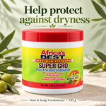A jar of Africa's Best Super Gro Hair & Scalp Conditioner with a red lid and yellow-green label, styled with olive branches and olives on a light stone surface. Text overlays read 'Help protect against dryness' and 'Hair & Scalp Conditioner • 149 g'.