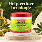 Africa's Best Super Gro Hair & Scalp Conditioner in a white jar with a red lid, displayed on a wooden pedestal with olive branches and a bottle of olive oil in the background, with promotional text at the top.