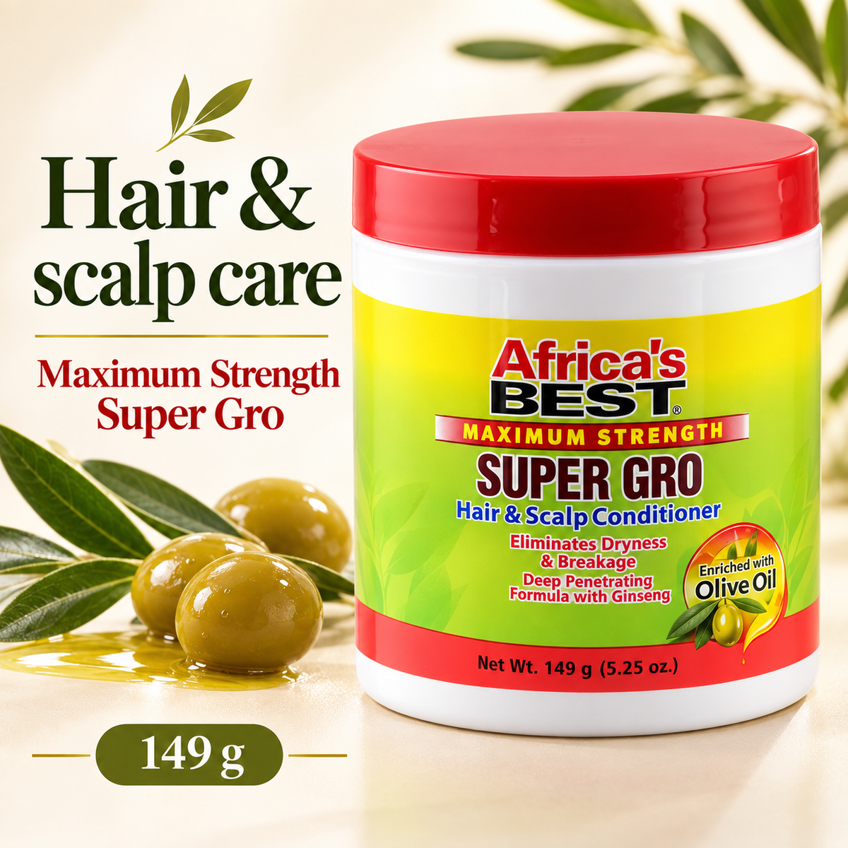 A white plastic jar of Africa's Best Super Gro Hair & Scalp Conditioner with a red lid, set against a warm beige background with olive branches and olives. The product label is bright yellow and red, and the text highlights 'Maximum Strength Super Gro' and 'Enriched with Olive Oil'.