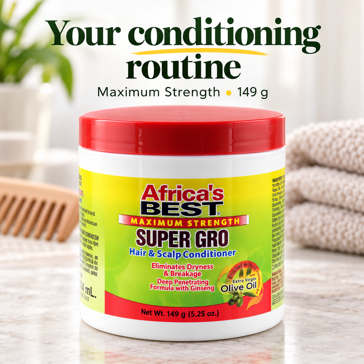 A jar of Africa's Best Super Gro Hair & Scalp Conditioner with a red lid and yellow-to-green label, placed on a marble surface with a comb and folded towels in the background. Large text at the top reads 'Your conditioning routine Maximum Strength 149 g'.