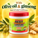 A jar of Africa's Best Super Gro Hair & Scalp Conditioner with a red lid and yellow label, set against a golden background with text reading 'With Olive oil & ginseng Hair & Scalp Conditioner' and styled with olives, oil, and ginger roots.