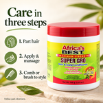 A tub of Africa's Best Super Gro Hair & Scalp Conditioner shown on a light wood surface with decorative leaves. The product has a red lid and a yellow label with red and green text.
