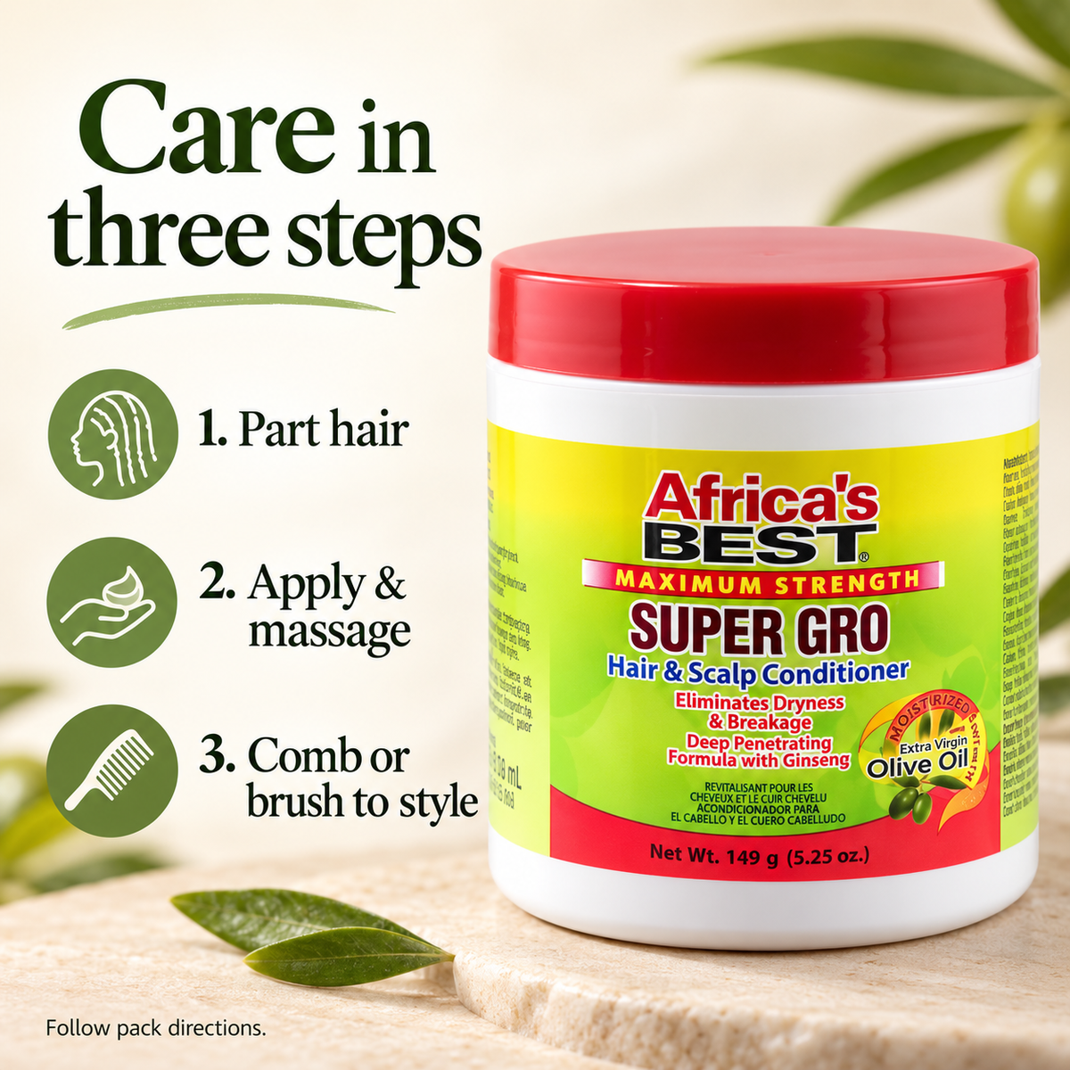 A tub of Africa's Best Super Gro Hair & Scalp Conditioner shown on a light wood surface with decorative leaves. The product has a red lid and a yellow label with red and green text.