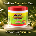 A white plastic jar of Africa's Best Super Gro Hair & Scalp Conditioner with a red lid, displayed on a light stone slab with olive branches and olives against a dark olive green background. Text overlays at the top and bottom read 'Condition.
