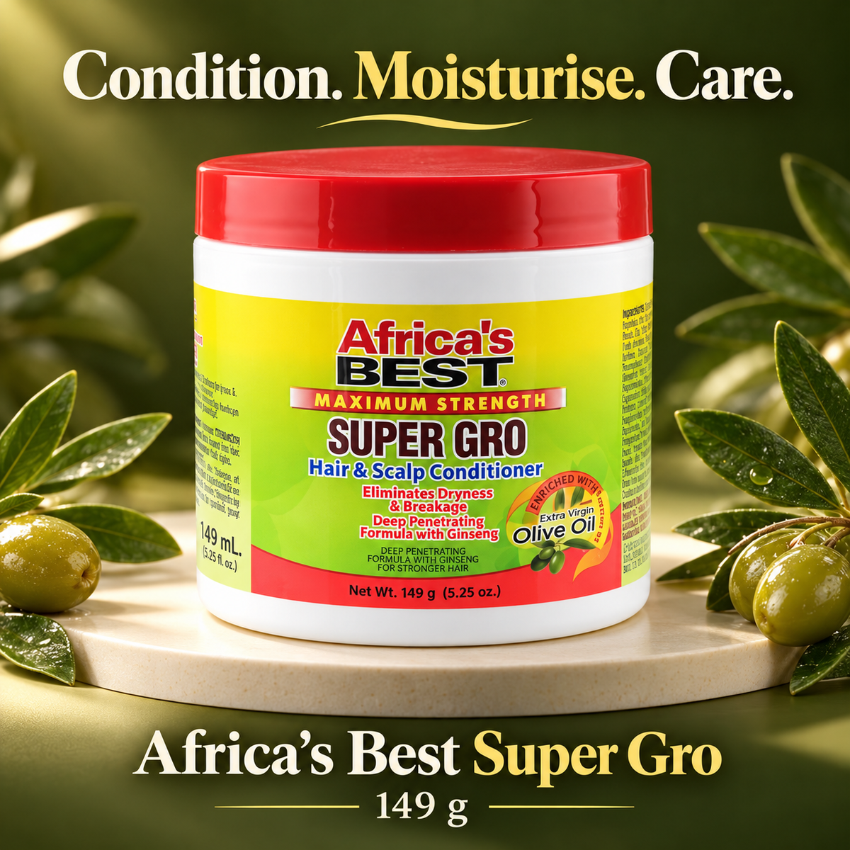 A white plastic jar of Africa's Best Super Gro Hair & Scalp Conditioner with a red lid, displayed on a light stone slab with olive branches and olives against a dark olive green background. Text overlays at the top and bottom read 'Condition.