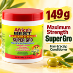 A white plastic jar of Africa's Best Super Gro Hair & Scalp Conditioner with a red lid, set against a warm yellow background with olive oil and olives. Prominent text on the right highlights '149 g Maximum Strength Super Gro'.