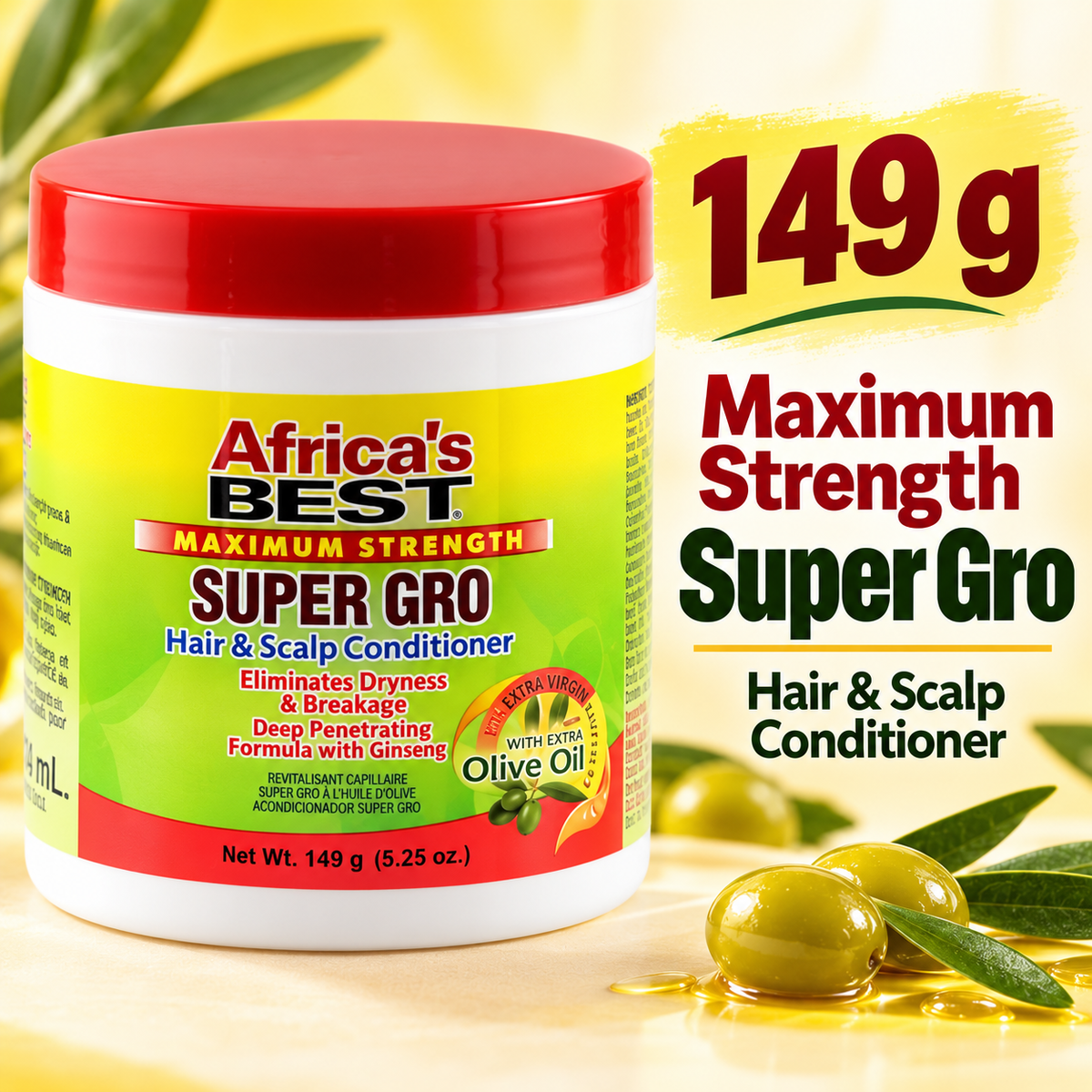 A white plastic jar of Africa's Best Super Gro Hair & Scalp Conditioner with a red lid, set against a warm yellow background with olive oil and olives. Prominent text on the right highlights '149 g Maximum Strength Super Gro'.