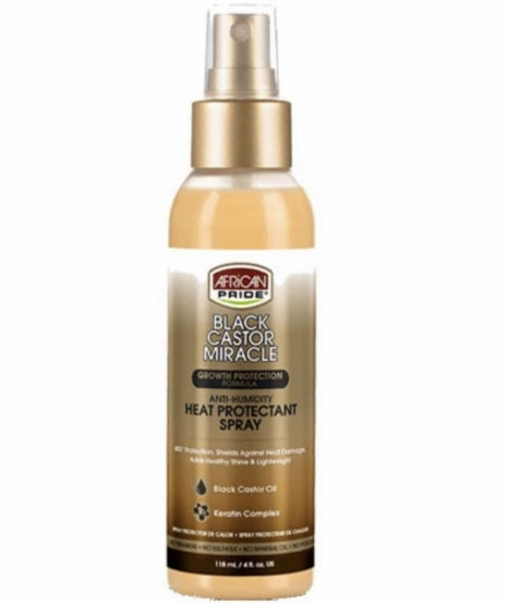 A bottle of Arc't Pride Black Castor Miracle Growth Protection Anti-Humidity Heat Protectant Spray, featuring a gold and beige gradient bottle with a gold spray nozzle, set against a plain white background.