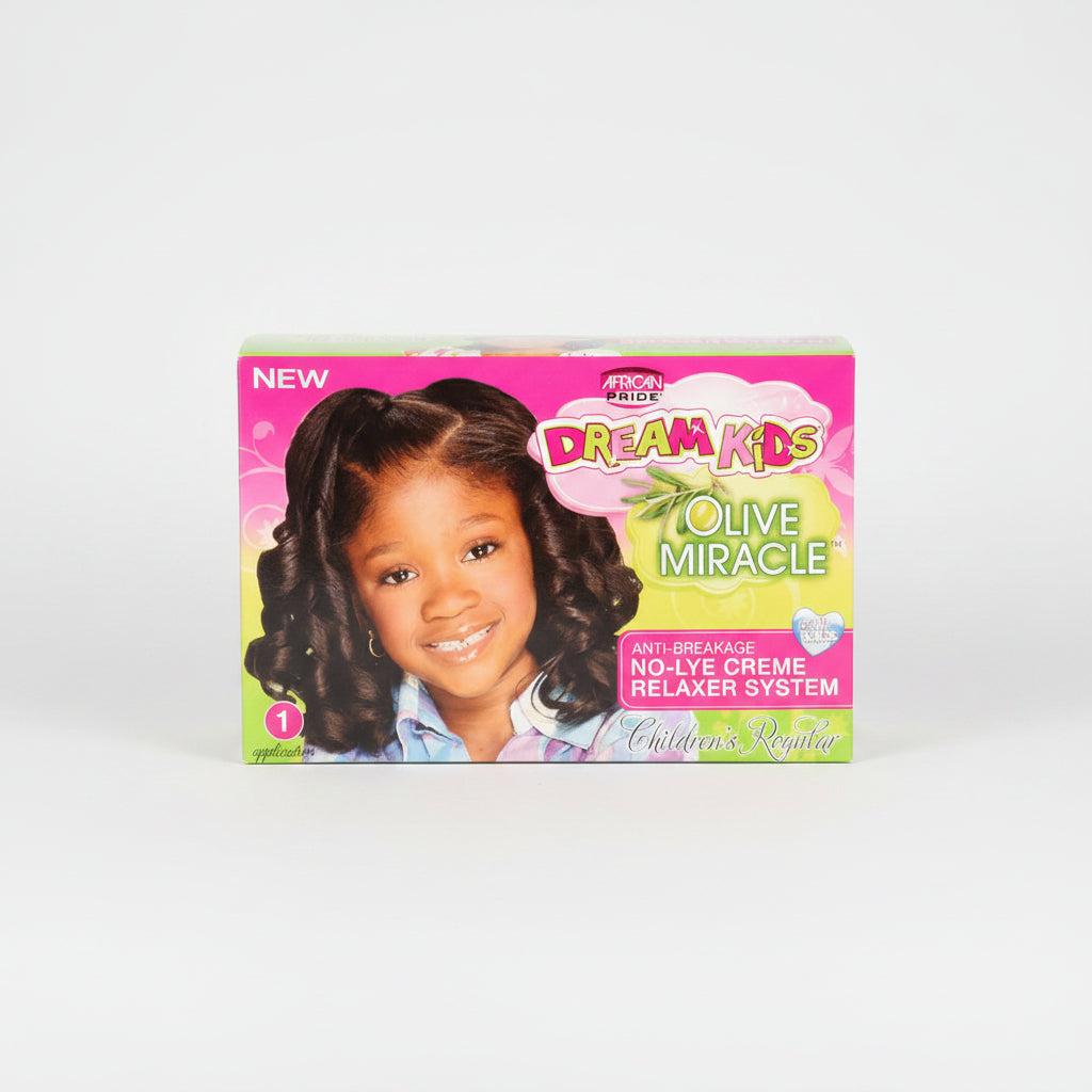 Dream Kids Olive Miracle hair relaxer system packaging with a child's face on it.