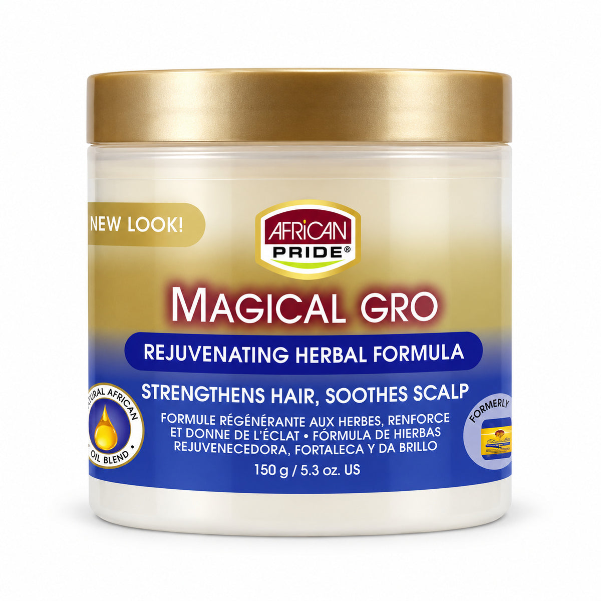 A jar of African Pride Magical Gro Rejuvenating Herbal Formula for hair and scalp, featuring a gold lid, white container, and a blue and gold label.