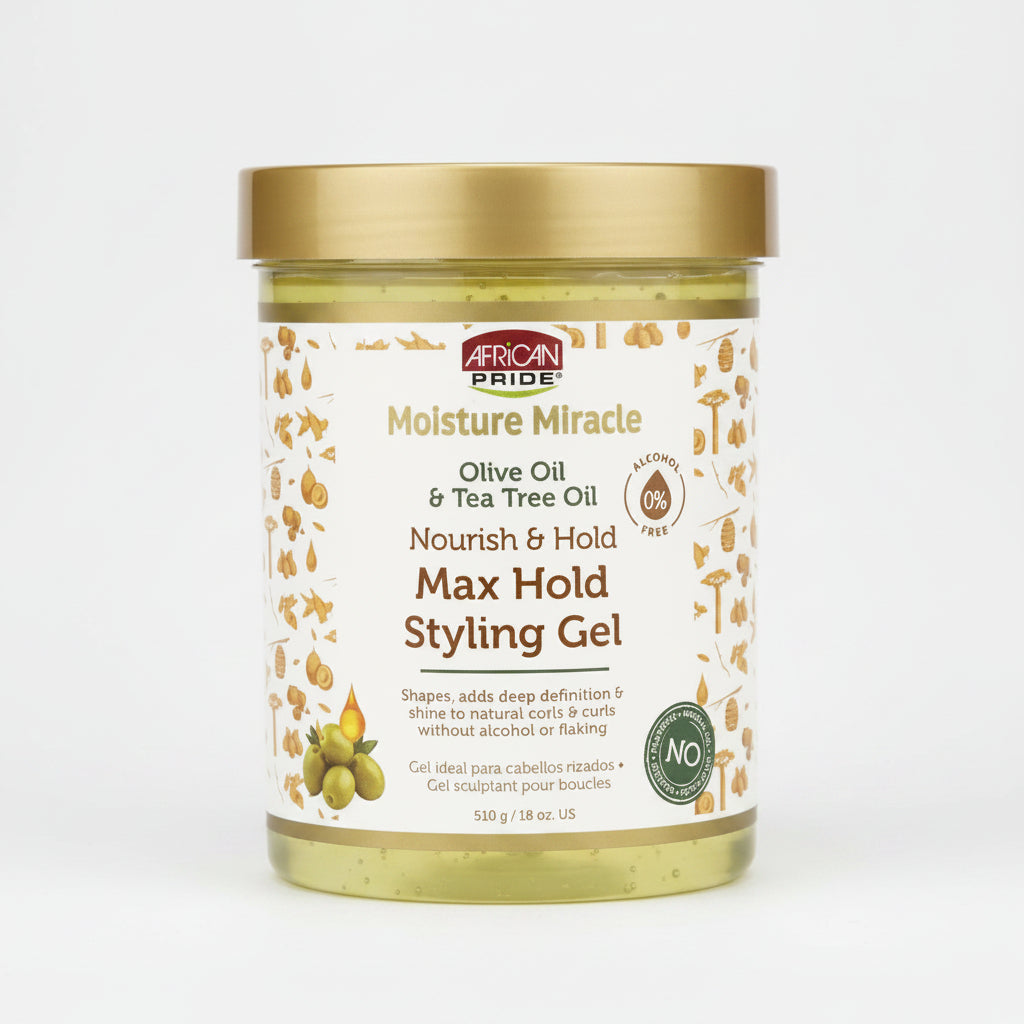Jar of African Pride Moisture Miracle styling gel with gold lid on a white background