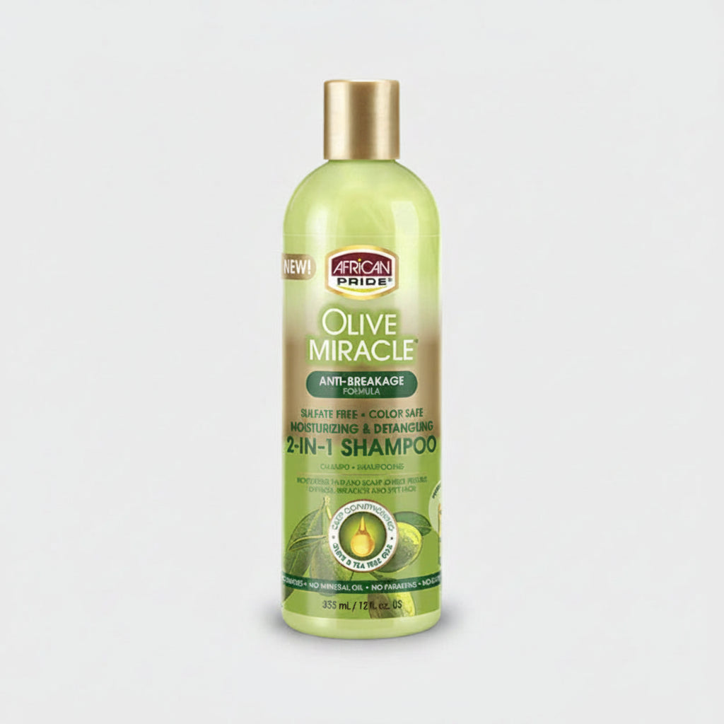 African Pride Olive Miracle 2-in-1 Shampoo bottle on a white background
