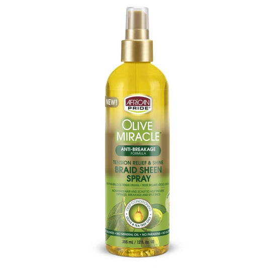 African Pride Olive Miracle Braid Sheen Spray 12oz for moisturizing and shining braids