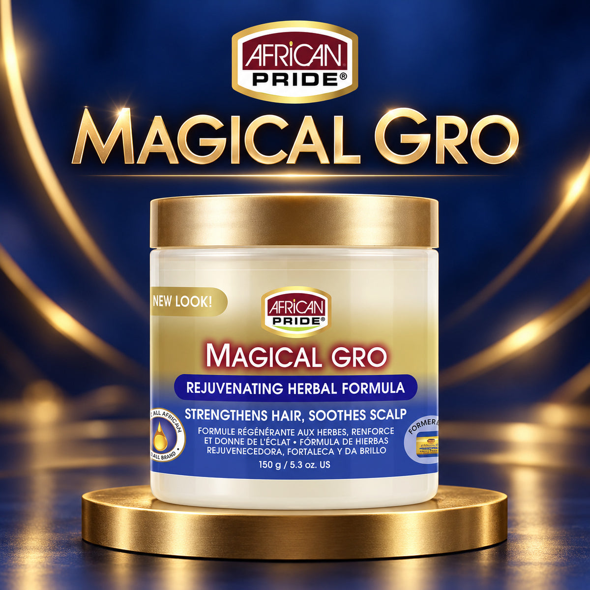 A jar of African Pride Magical Gro Rejuvenating Herbal Formula hair growth shampoo, presented on a gold pedestal against a dark blue background with gold light effects.