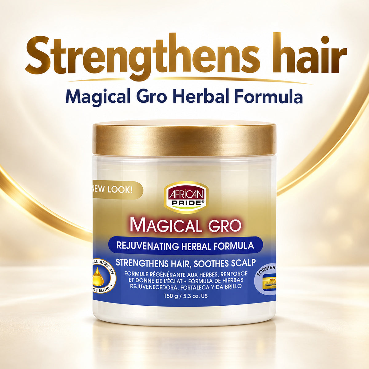 A jar of African Pride Magical Gro Rejuvenating Herbal Formula hair strengthener, shown against a gold and white background with promotional text.