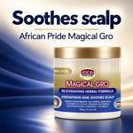 A jar of African Pride Magical Gro Rejuvenating Herbal Formula hair and scalp treatment, set against a blue and gold gradient background with promotional text reading 'Soothes scalp' and 'African Pride Magical Gro'.