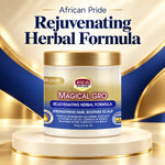 A jar of African Pride Magical Gro Rejuvenating Herbal Formula for hair and scalp, displayed on a white pedestal with a gold rim against a gold and blue graphic background with promotional text.